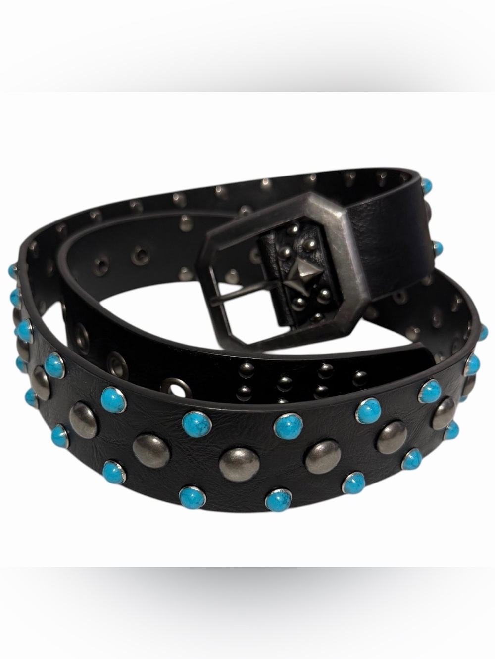 Current Mood Belt Studded 33”-36.5” Gunmetal Turquoise Studs Black Faux Leather